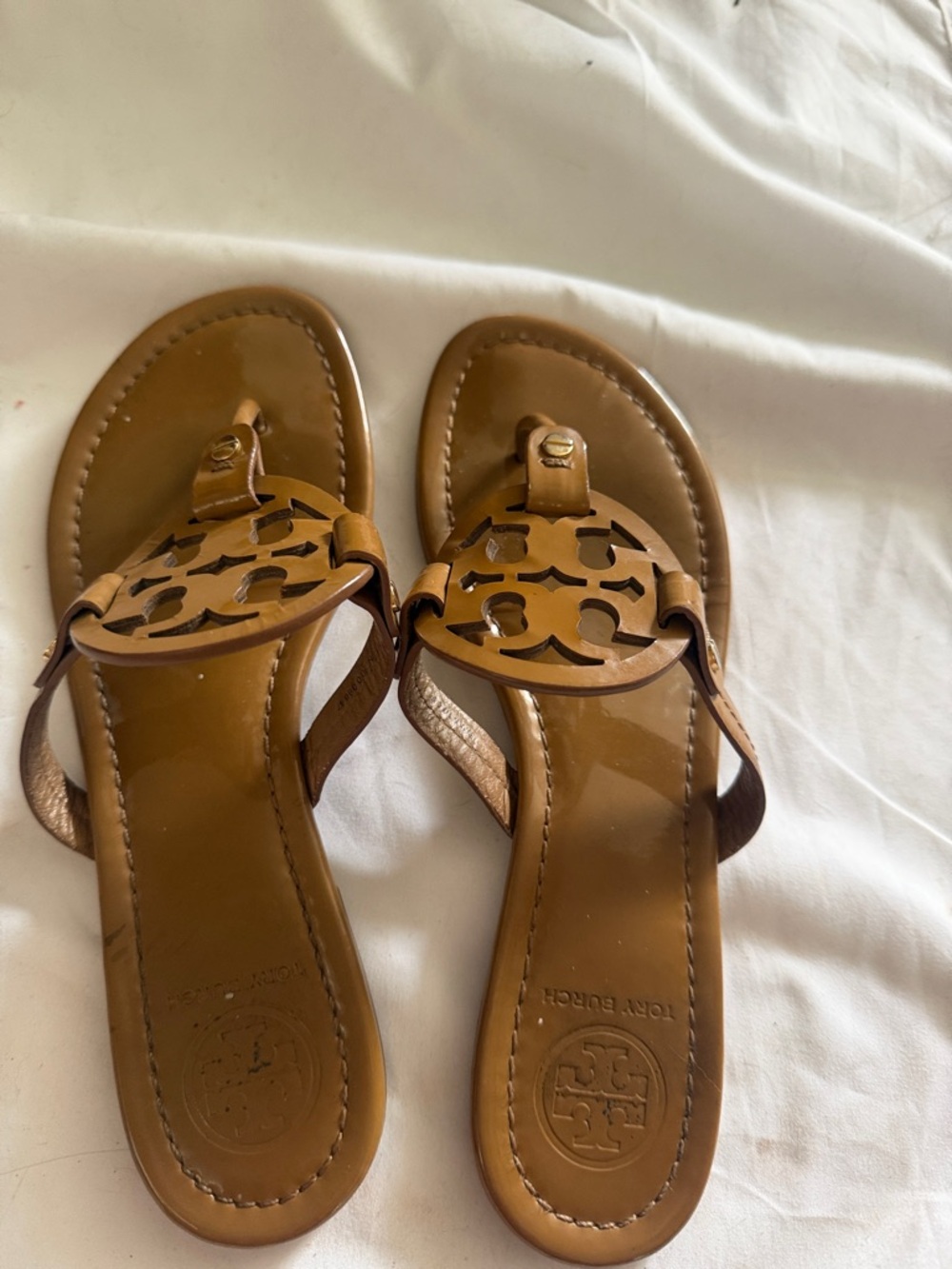 Tory Burch Brown Leather Logo Cutout Thong Sandals